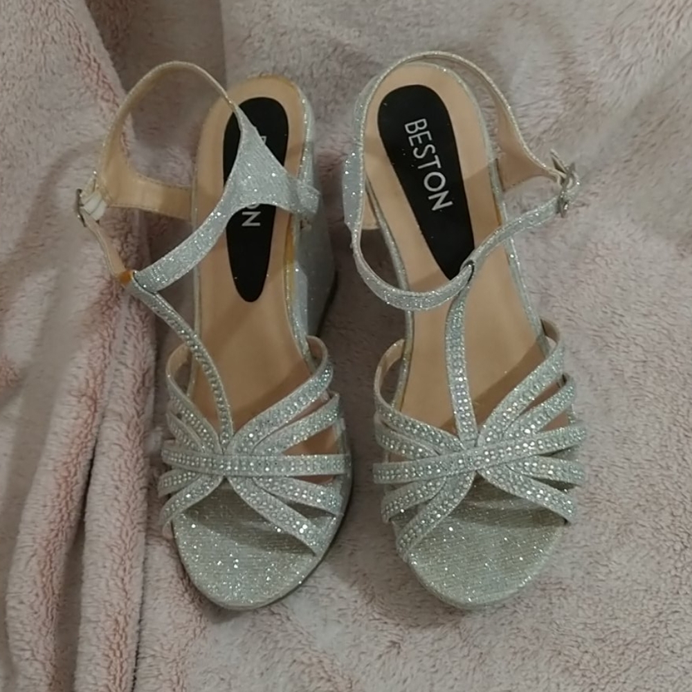 Silver Glitter Wedge Sandals
